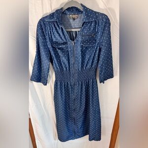 J Gee Chambray Polka Dot Zip Front Dress Size Small 3/4 Sleeve Like New